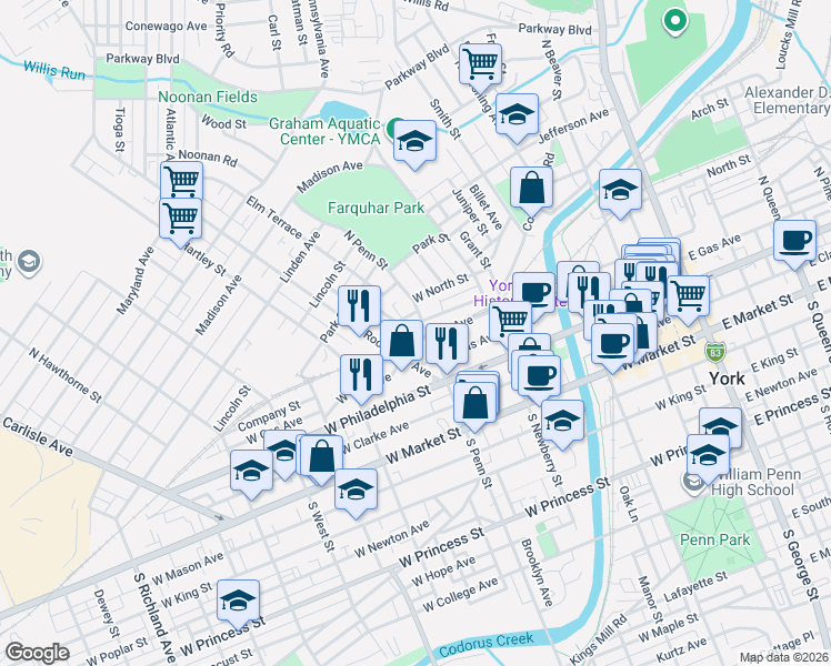 map of restaurants, bars, coffee shops, grocery stores, and more near 391 Smyser Street in York