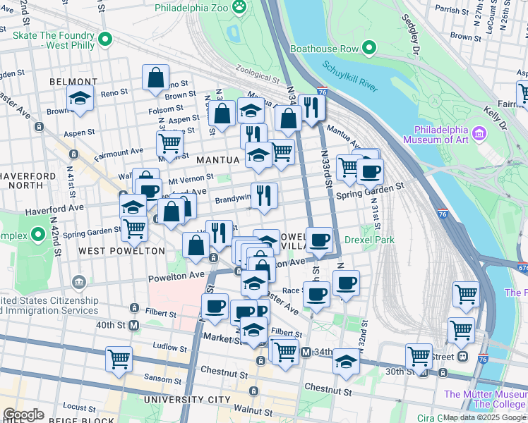 map of restaurants, bars, coffee shops, grocery stores, and more near 3518 Spring Garden Street in Philadelphia