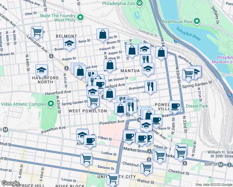 map of restaurants, bars, coffee shops, grocery stores, and more near 3809 Spring Garden Street in Philadelphia