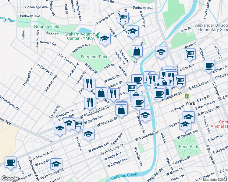 map of restaurants, bars, coffee shops, grocery stores, and more near 348 West Gay Street in York