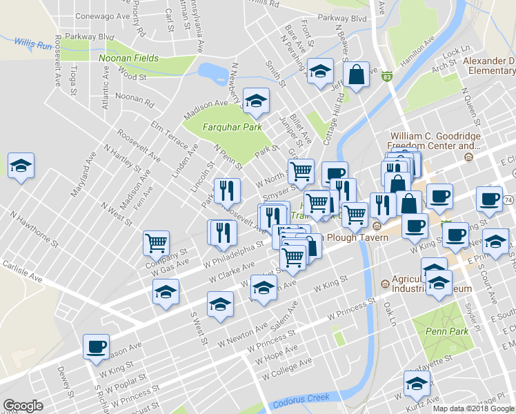 map of restaurants, bars, coffee shops, grocery stores, and more near 216 North Penn Street in York