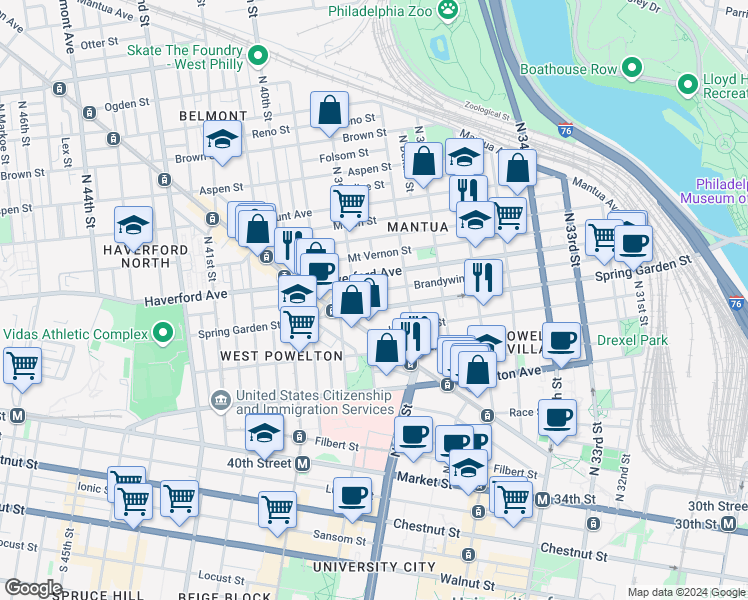 map of restaurants, bars, coffee shops, grocery stores, and more near 3809 Spring Garden Street in Philadelphia