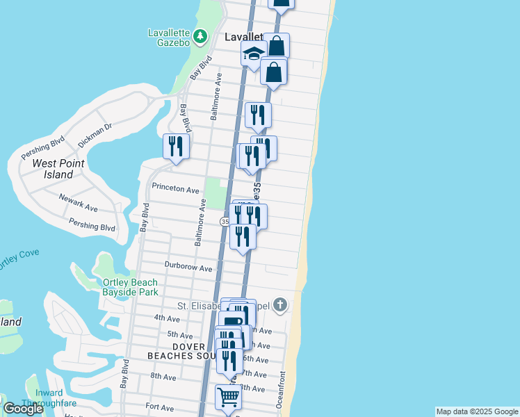 map of restaurants, bars, coffee shops, grocery stores, and more near 2007 Grand Central Avenue in Lavallette