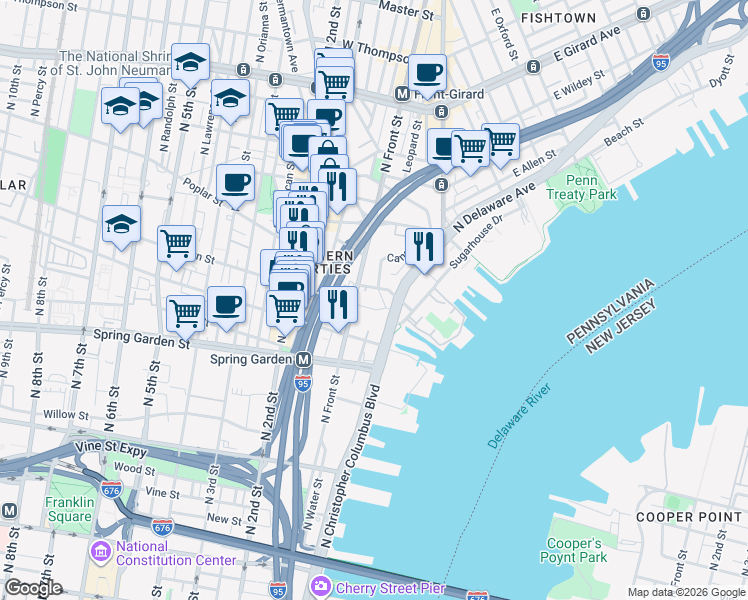 map of restaurants, bars, coffee shops, grocery stores, and more near 5 Poplar Street in Philadelphia