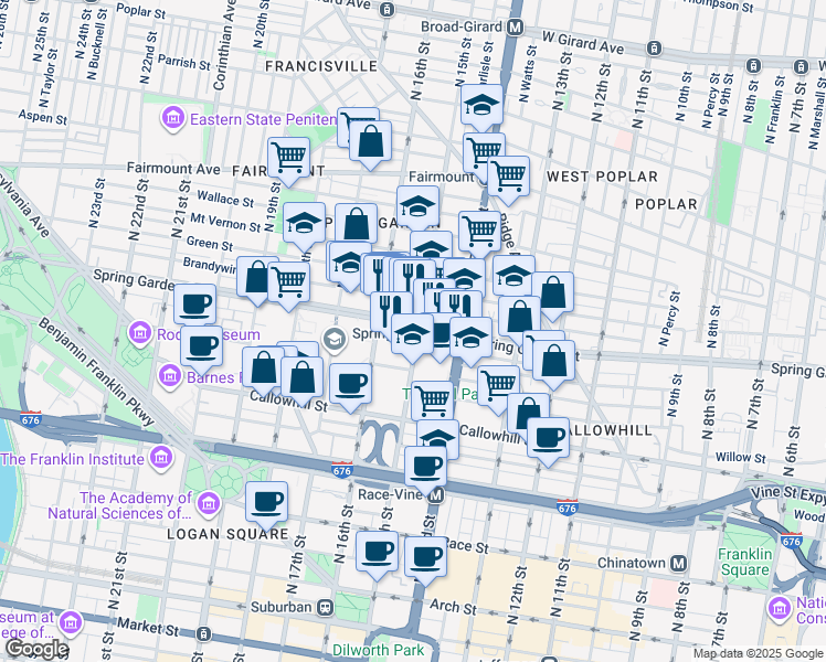 map of restaurants, bars, coffee shops, grocery stores, and more near 1500 Spring Garden Street in Philadelphia