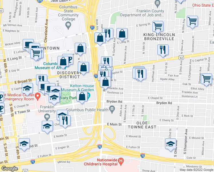 map of restaurants, bars, coffee shops, grocery stores, and more near 62 Parsons Avenue in Columbus