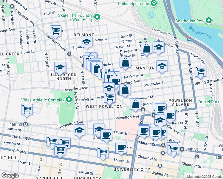 map of restaurants, bars, coffee shops, grocery stores, and more near 3934 Lancaster Avenue in Philadelphia