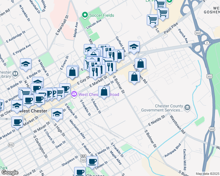 map of restaurants, bars, coffee shops, grocery stores, and more near 117 South Worthington Street in West Chester