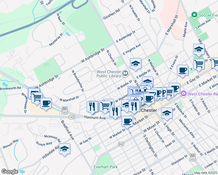 map of restaurants, bars, coffee shops, grocery stores, and more near 230 West Lafayette Street in West Chester