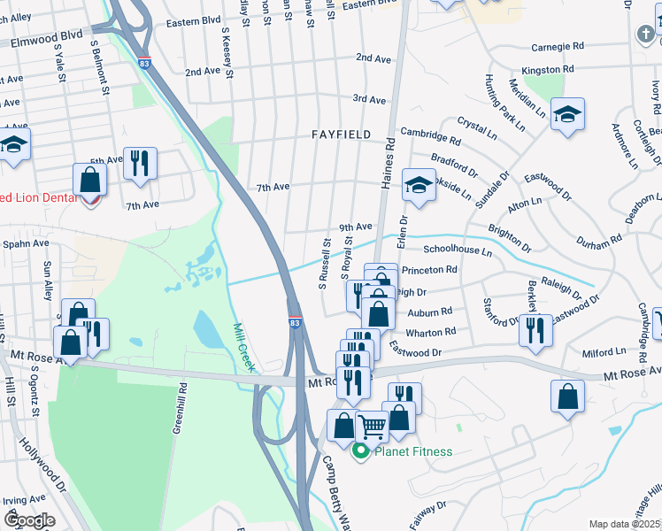 map of restaurants, bars, coffee shops, grocery stores, and more near 947 South Russell Street in East York