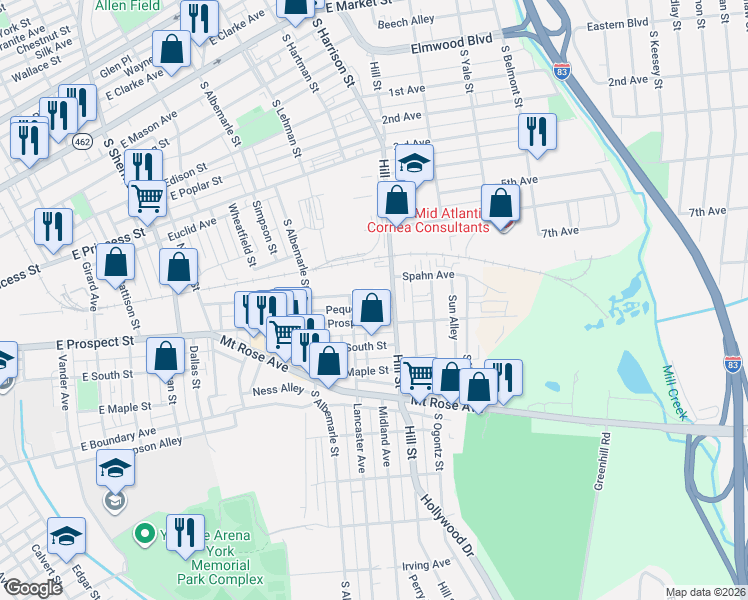 map of restaurants, bars, coffee shops, grocery stores, and more near 1221 Elm Street in York