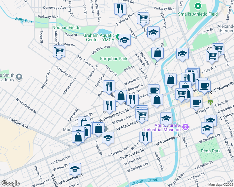 map of restaurants, bars, coffee shops, grocery stores, and more near 210 Park Place in York