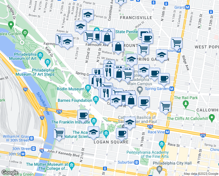 map of restaurants, bars, coffee shops, grocery stores, and more near 61 Hamilton Circle in Philadelphia