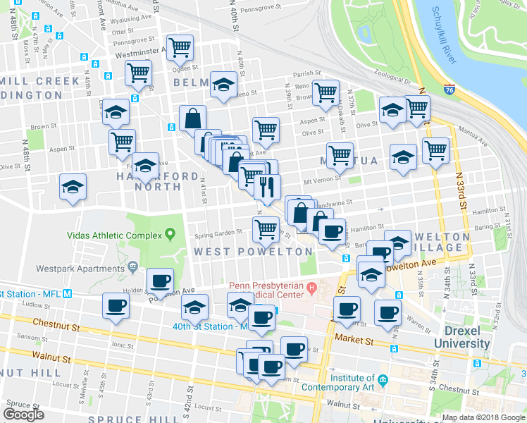 map of restaurants, bars, coffee shops, grocery stores, and more near 519 North 40th Street in Philadelphia