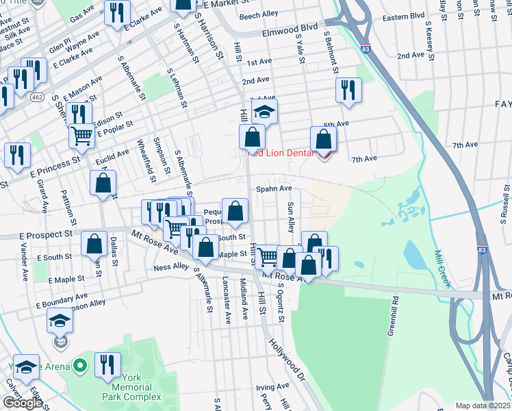 map of restaurants, bars, coffee shops, grocery stores, and more near 417 Hill Street in York