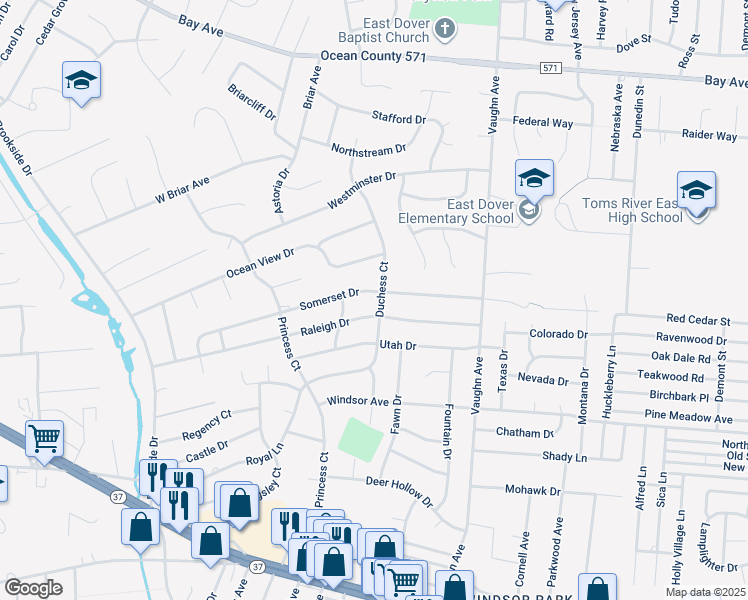 map of restaurants, bars, coffee shops, grocery stores, and more near 919 Somerset Drive in Toms River