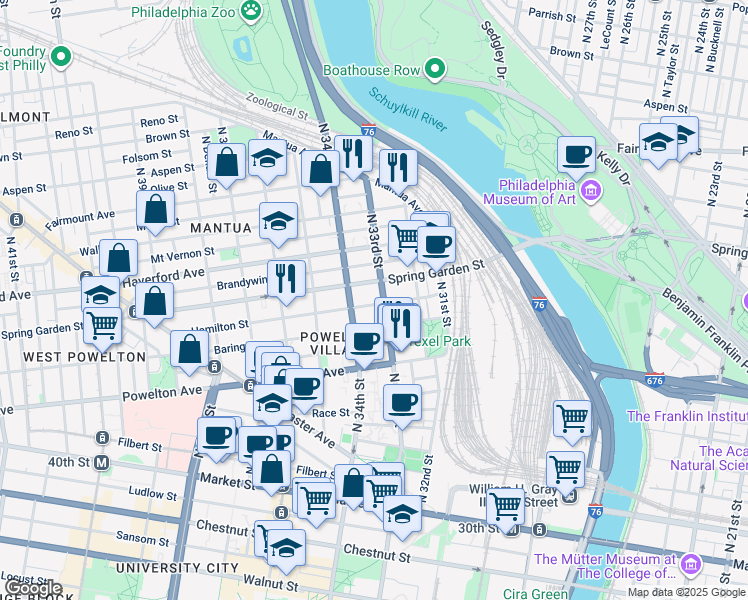 map of restaurants, bars, coffee shops, grocery stores, and more near 3305 Hamilton Street in Philadelphia