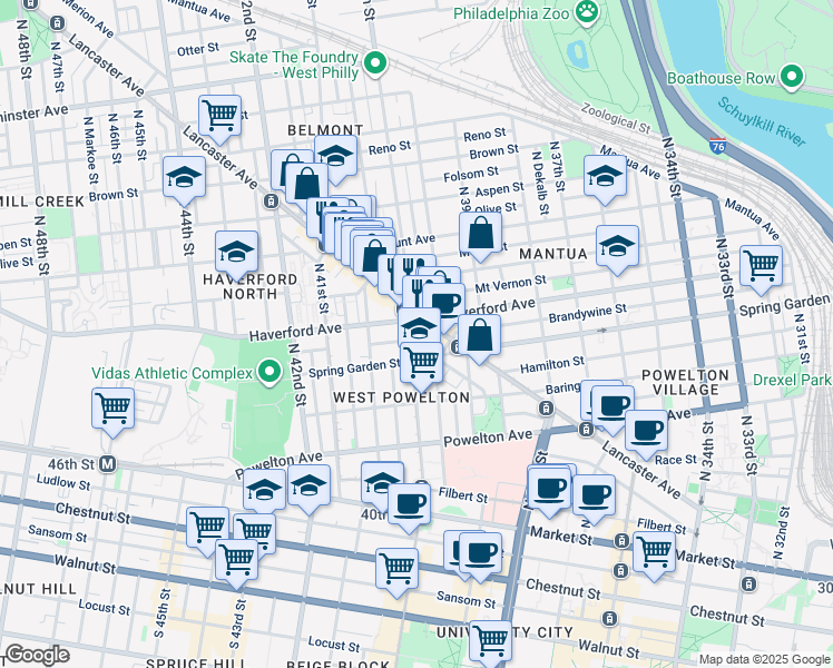 map of restaurants, bars, coffee shops, grocery stores, and more near 519 North 40th Street in Philadelphia