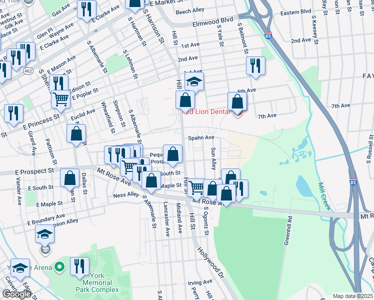 map of restaurants, bars, coffee shops, grocery stores, and more near 417 Hill Street in York