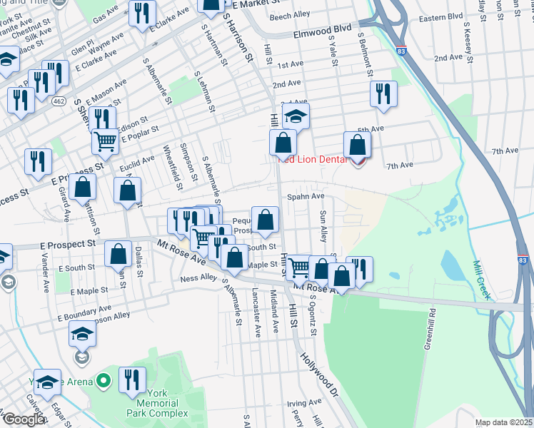 map of restaurants, bars, coffee shops, grocery stores, and more near 1221 Elm Street in York