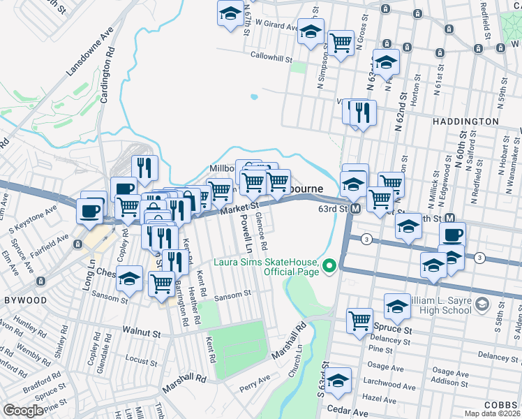 map of restaurants, bars, coffee shops, grocery stores, and more near 6 North Millbourne Avenue in Millbourne
