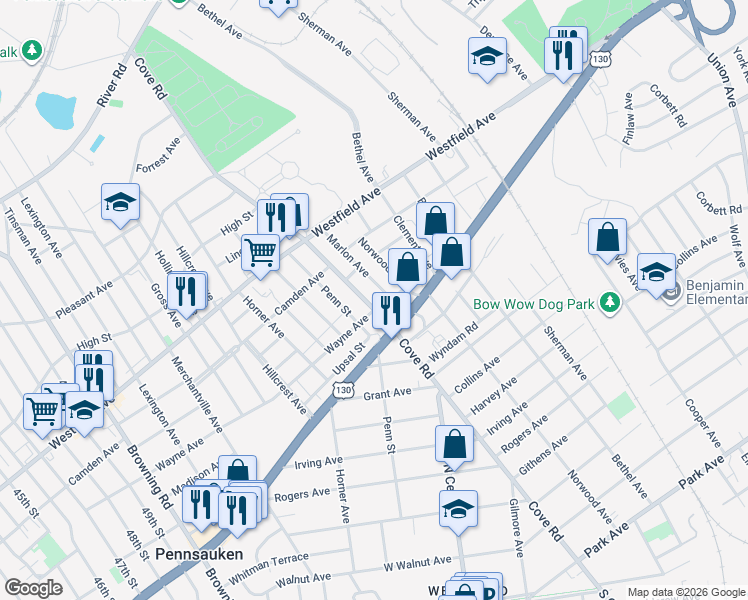 map of restaurants, bars, coffee shops, grocery stores, and more near 2286 Marlon Avenue in Pennsauken Township