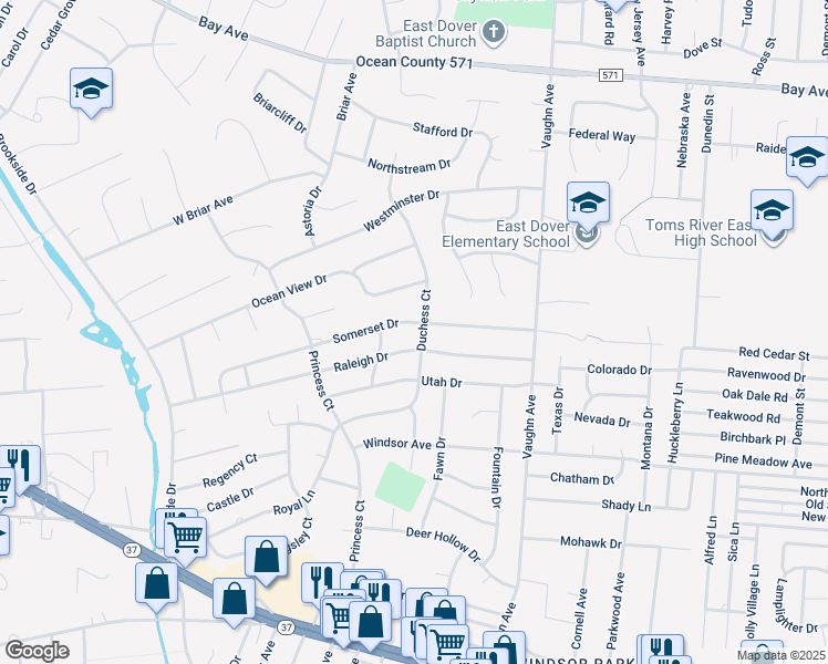 map of restaurants, bars, coffee shops, grocery stores, and more near 919 Somerset Drive in Toms River
