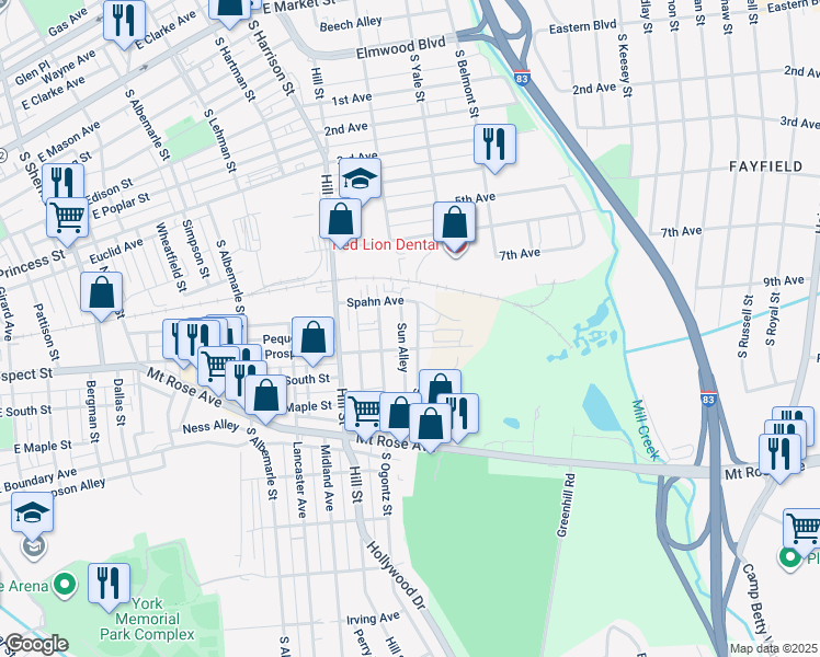 map of restaurants, bars, coffee shops, grocery stores, and more near 478 South Yale Street in York