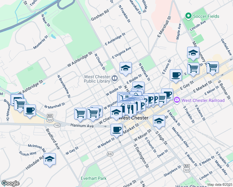 map of restaurants, bars, coffee shops, grocery stores, and more near 368 North Church Street in West Chester