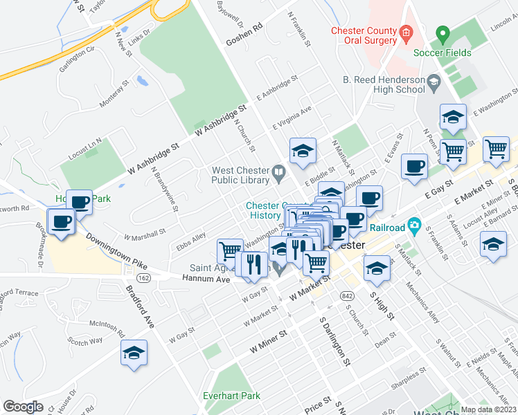 map of restaurants, bars, coffee shops, grocery stores, and more near 135 West Biddle Street in West Chester
