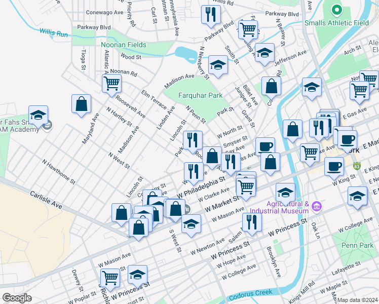 map of restaurants, bars, coffee shops, grocery stores, and more near 242 Roosevelt Avenue in York