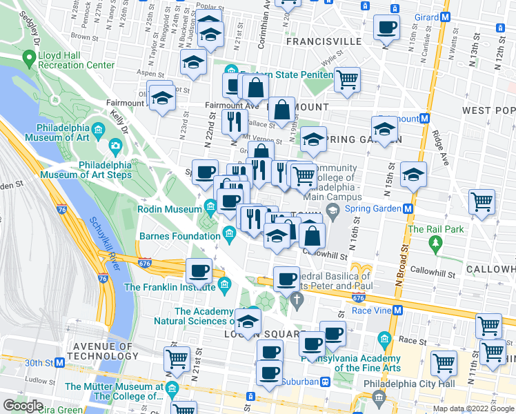 map of restaurants, bars, coffee shops, grocery stores, and more near 505 North 20th Street in Philadelphia