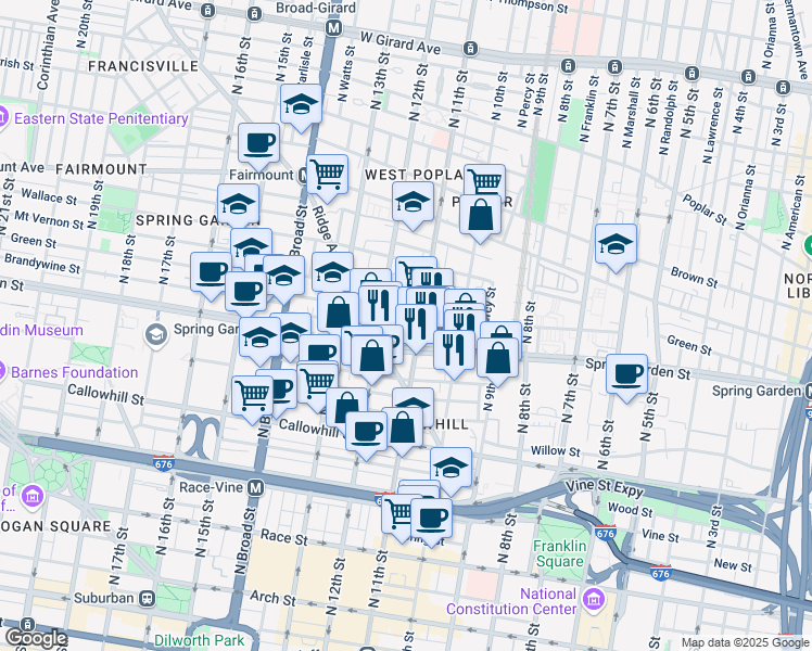 map of restaurants, bars, coffee shops, grocery stores, and more near 1107 Brandywine Street in Philadelphia