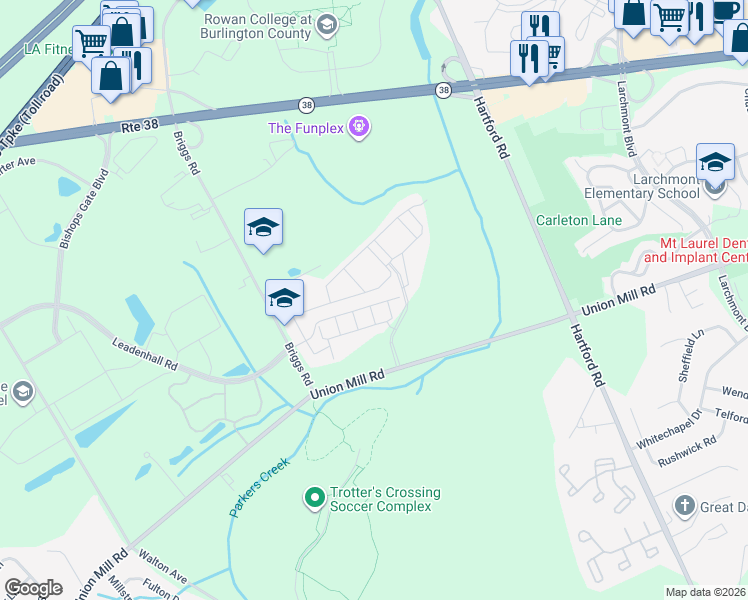 map of restaurants, bars, coffee shops, grocery stores, and more near 8000 Knox Way in Mount Laurel Township