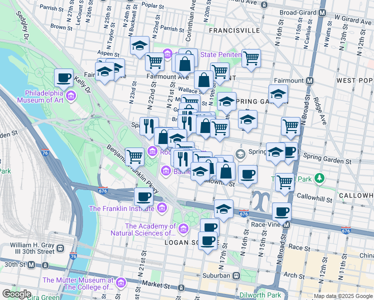 map of restaurants, bars, coffee shops, grocery stores, and more near 505 North 20th Street in Philadelphia