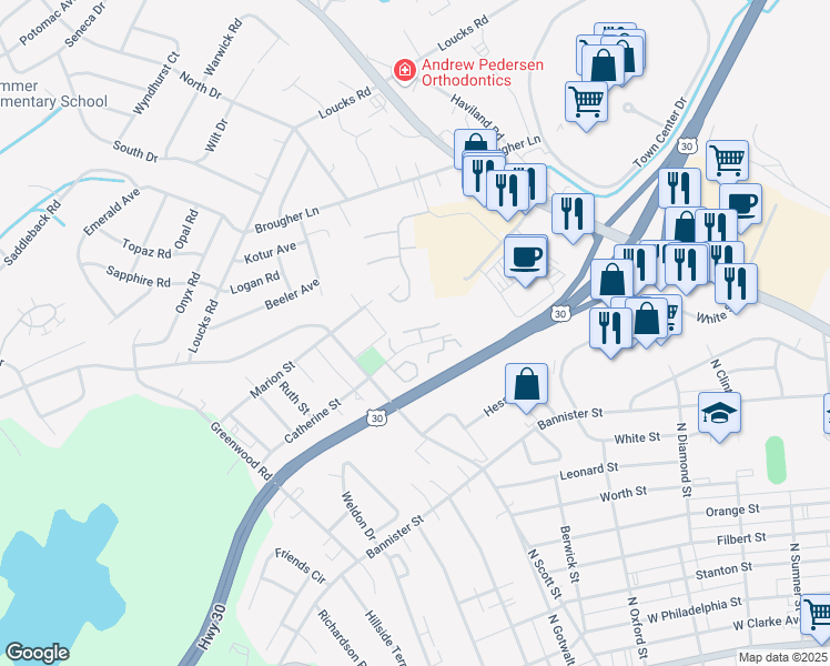 map of restaurants, bars, coffee shops, grocery stores, and more near 43 Westview Manor in York