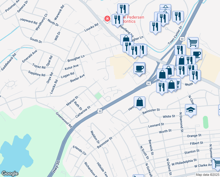 map of restaurants, bars, coffee shops, grocery stores, and more near 43 Westview Manor in York
