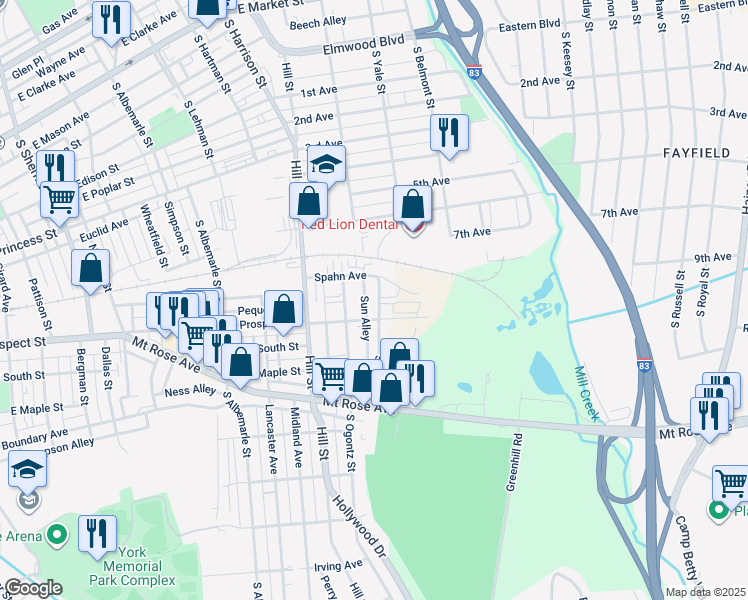 map of restaurants, bars, coffee shops, grocery stores, and more near 478 South Yale Street in York