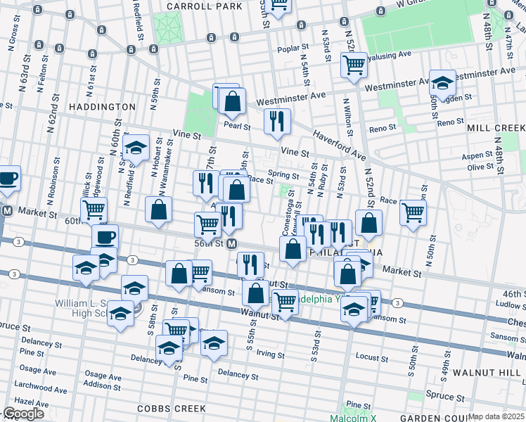 map of restaurants, bars, coffee shops, grocery stores, and more near 101 North Vogdes Street in Philadelphia