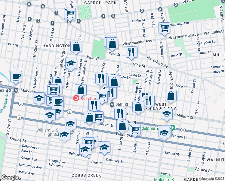 map of restaurants, bars, coffee shops, grocery stores, and more near 60 North 56th Street in Philadelphia