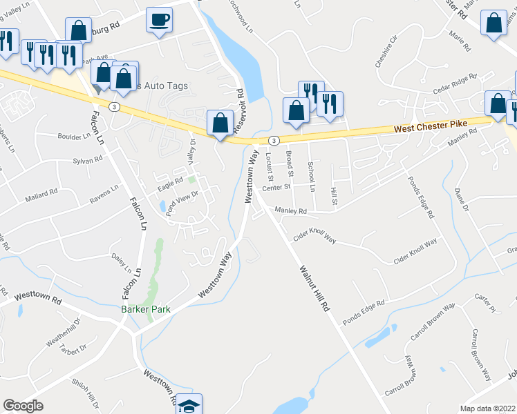 map of restaurants, bars, coffee shops, grocery stores, and more near 151 Westtown Way in West Chester