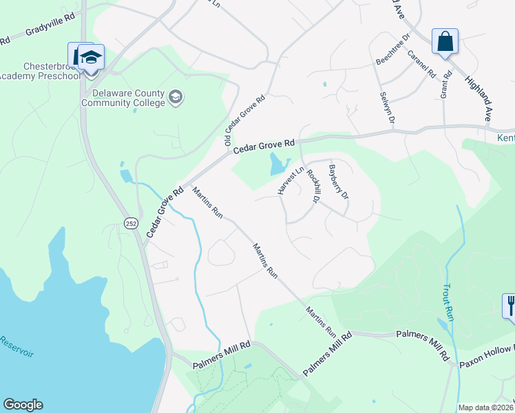 map of restaurants, bars, coffee shops, grocery stores, and more near 7 Honeysuckle Lane in Broomall