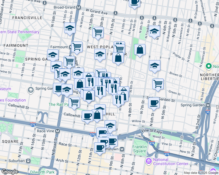 map of restaurants, bars, coffee shops, grocery stores, and more near 612 North 10th Street in Philadelphia