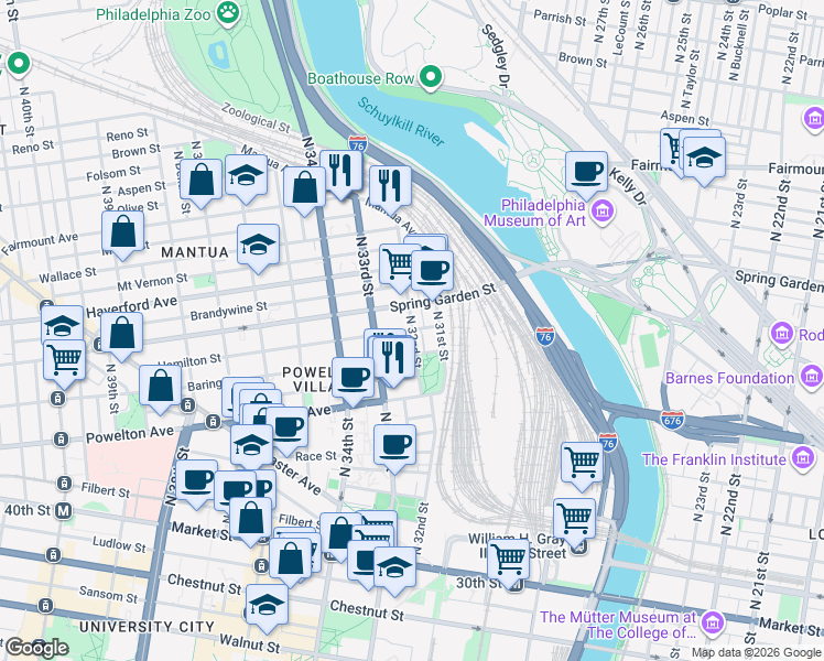 map of restaurants, bars, coffee shops, grocery stores, and more near N 32nd St & Hamilton St in Philadelphia