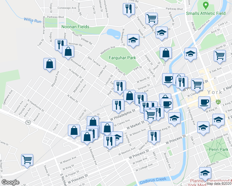 map of restaurants, bars, coffee shops, grocery stores, and more near 244 Roosevelt Avenue in York
