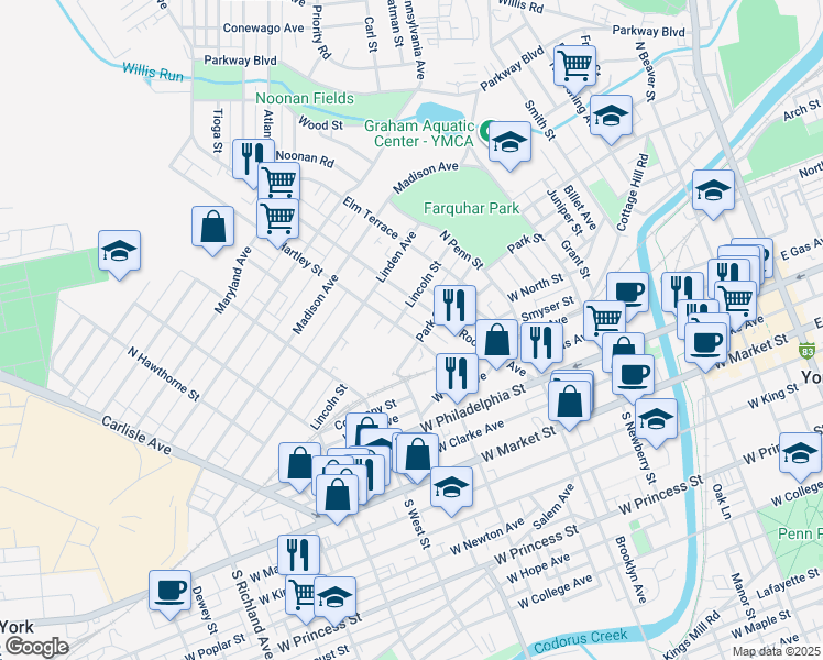 map of restaurants, bars, coffee shops, grocery stores, and more near 267 North Hartley Street in York