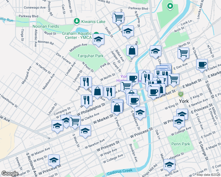map of restaurants, bars, coffee shops, grocery stores, and more near 330 Smyser Street in York