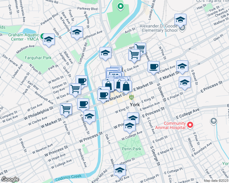 map of restaurants, bars, coffee shops, grocery stores, and more near 34 West Philadelphia Street in York