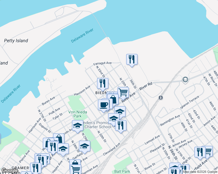 map of restaurants, bars, coffee shops, grocery stores, and more near 1137 North 33rd Street in Camden