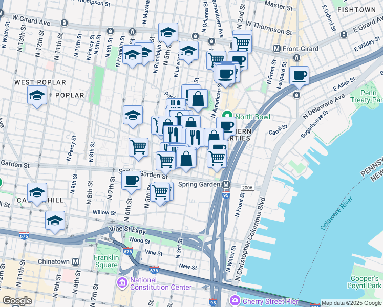 map of restaurants, bars, coffee shops, grocery stores, and more near 335 Fairmount Avenue in Philadelphia